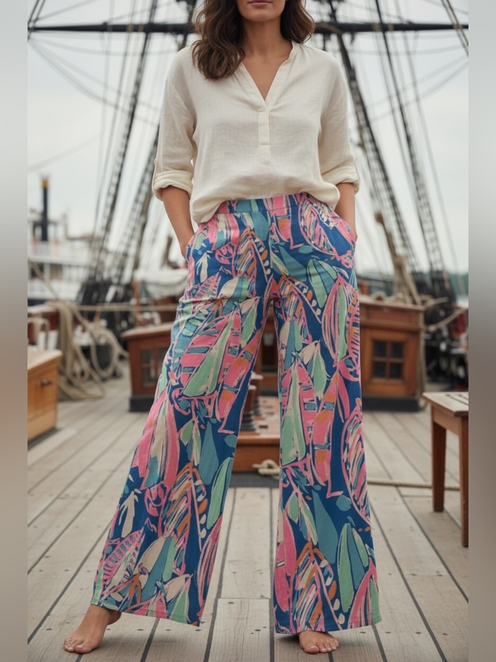 Women’s Wide-Leg Tropical Print Pants - Multicolor